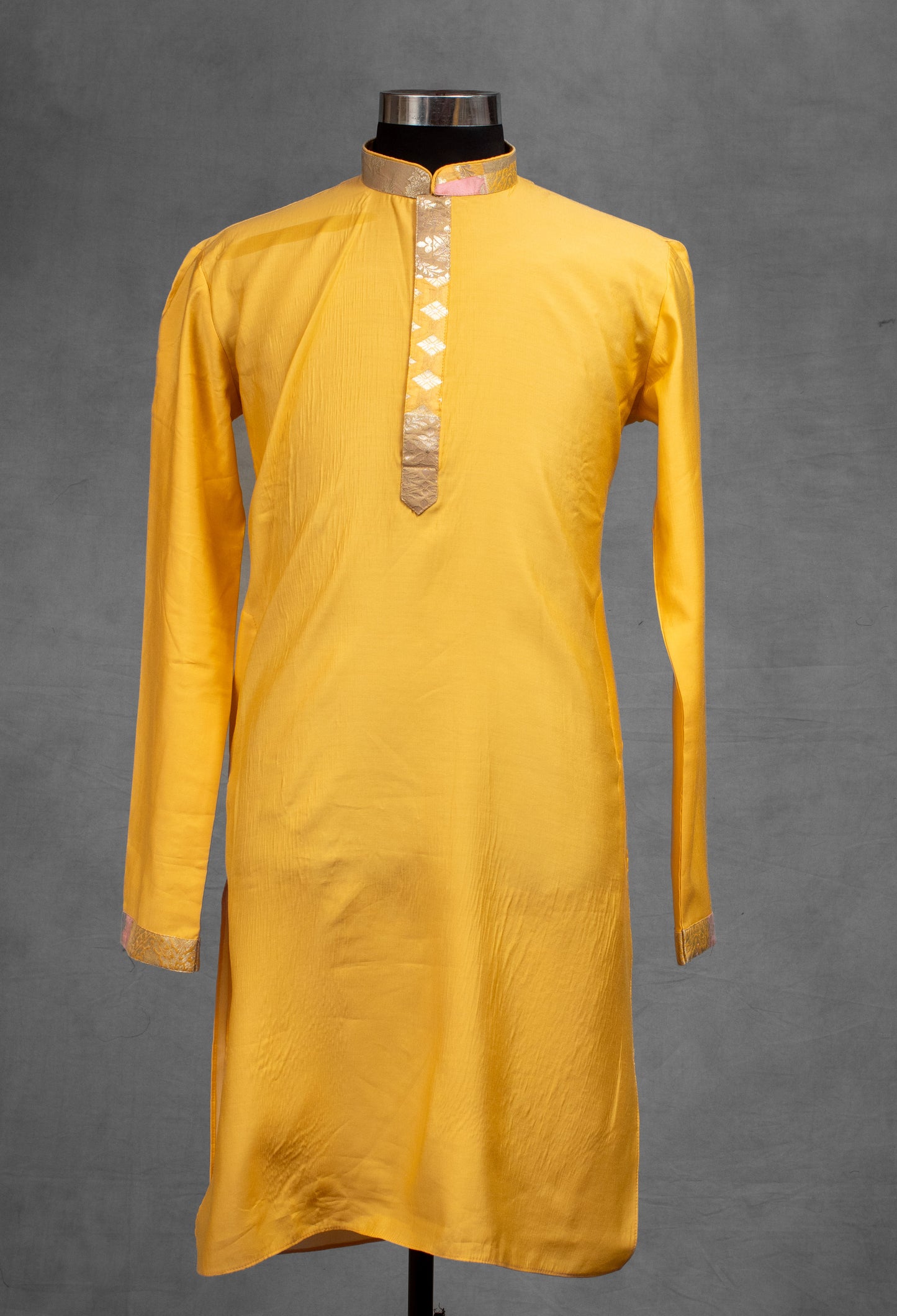 Mustard Yellow Banarasi Patchwork Silk Kurta for Men