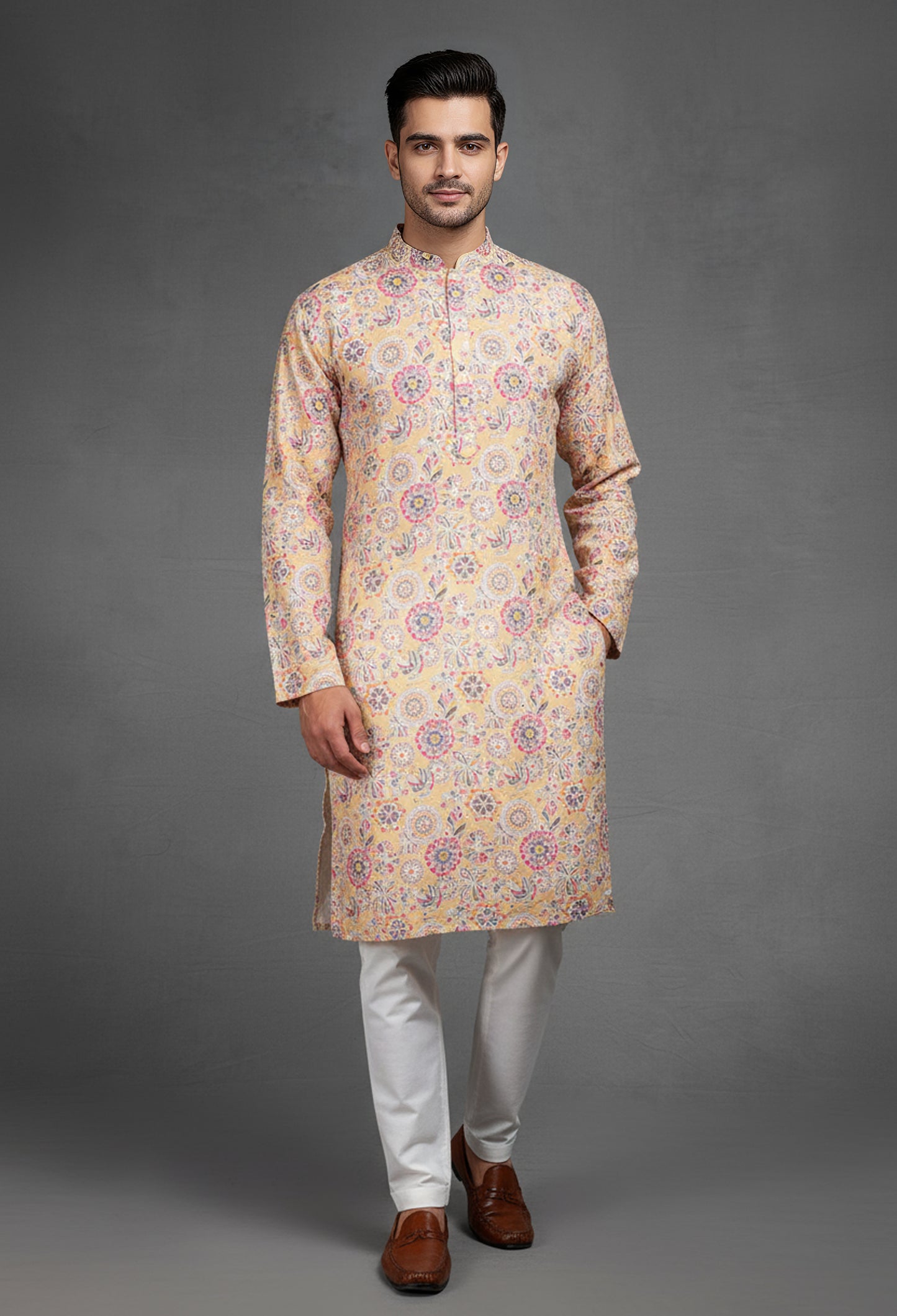 Pastel Yellow Printed Cotton Kurta for Men