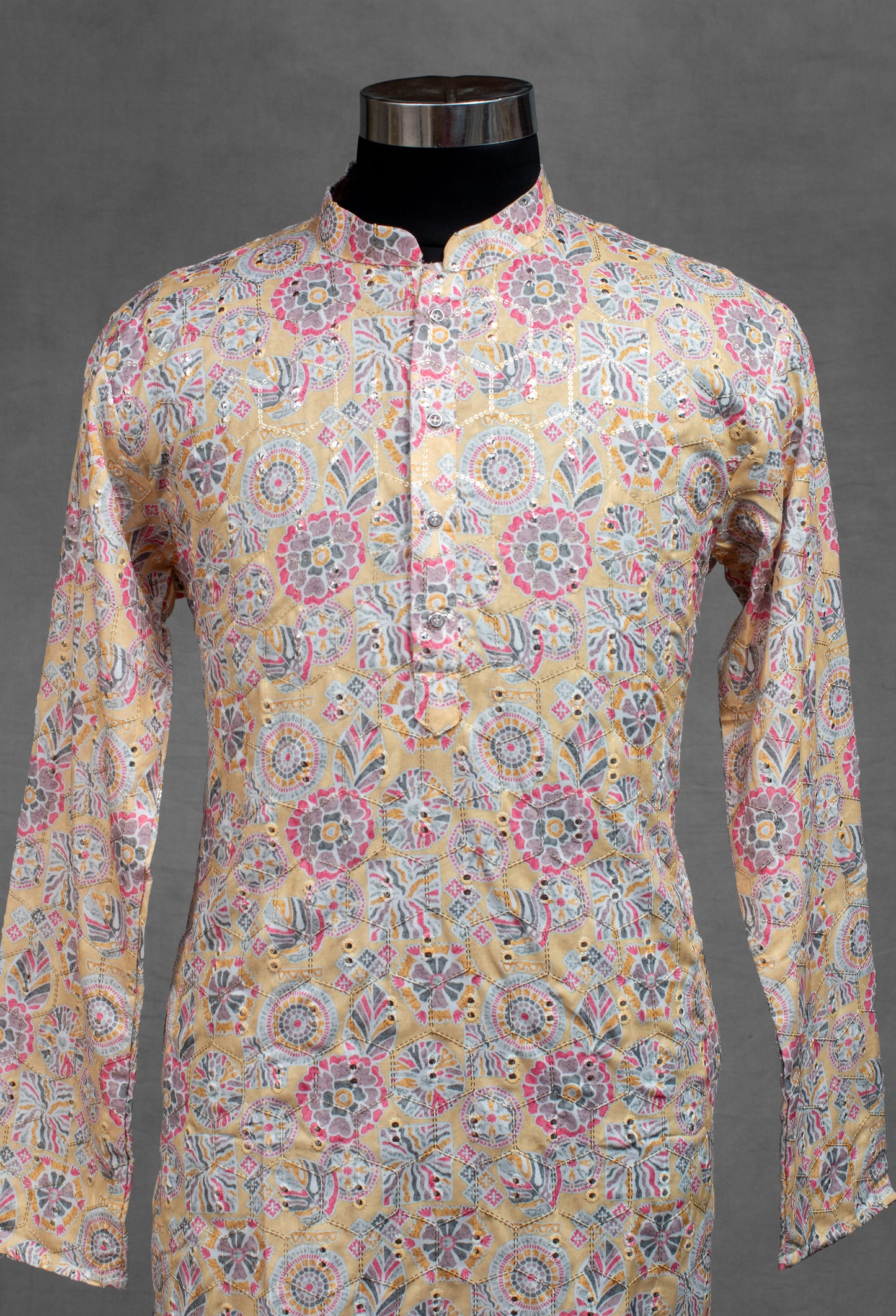 Pastel Yellow Printed Cotton Kurta for Men