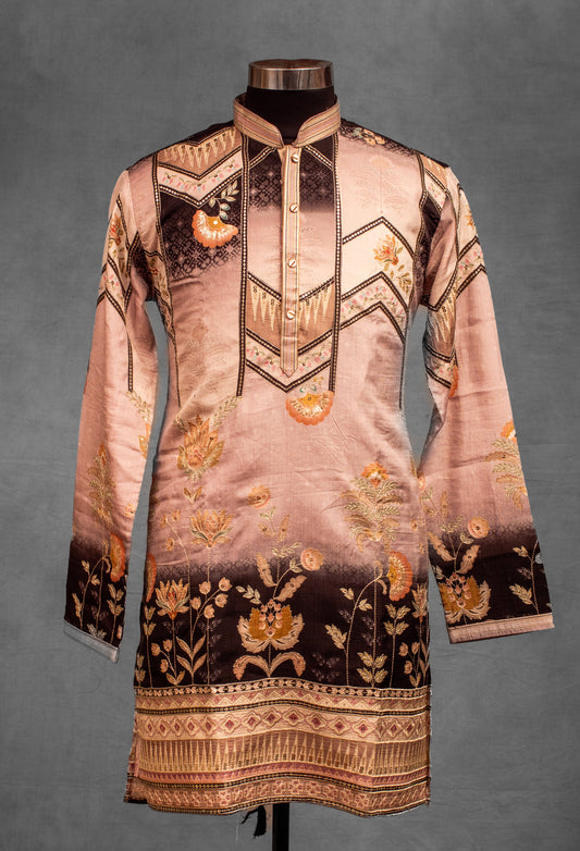 Brown and beige ombré floral silk kurta for men – product image 2