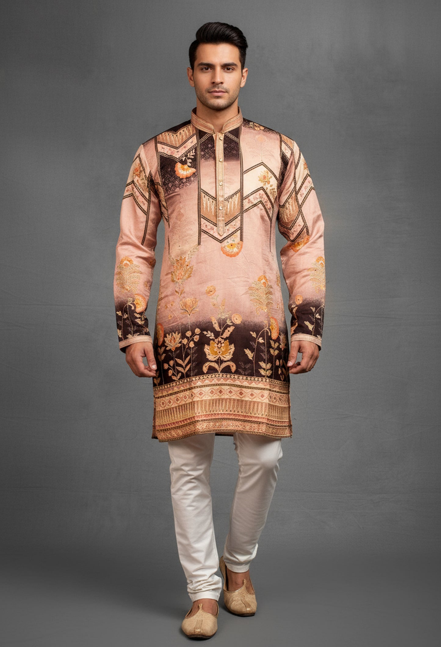 Brown and Beige Ombré Floral Silk Kurta for Men