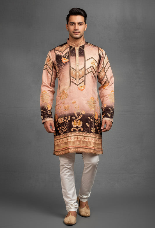 Brown and Beige Ombré Floral Silk Kurta for Men