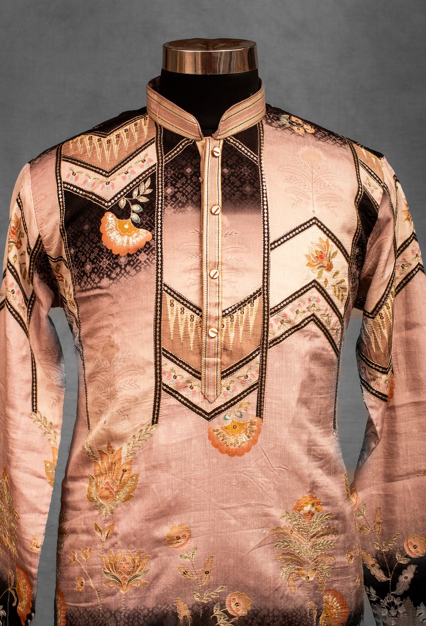 Brown and Beige Ombré Floral Silk Kurta for Men