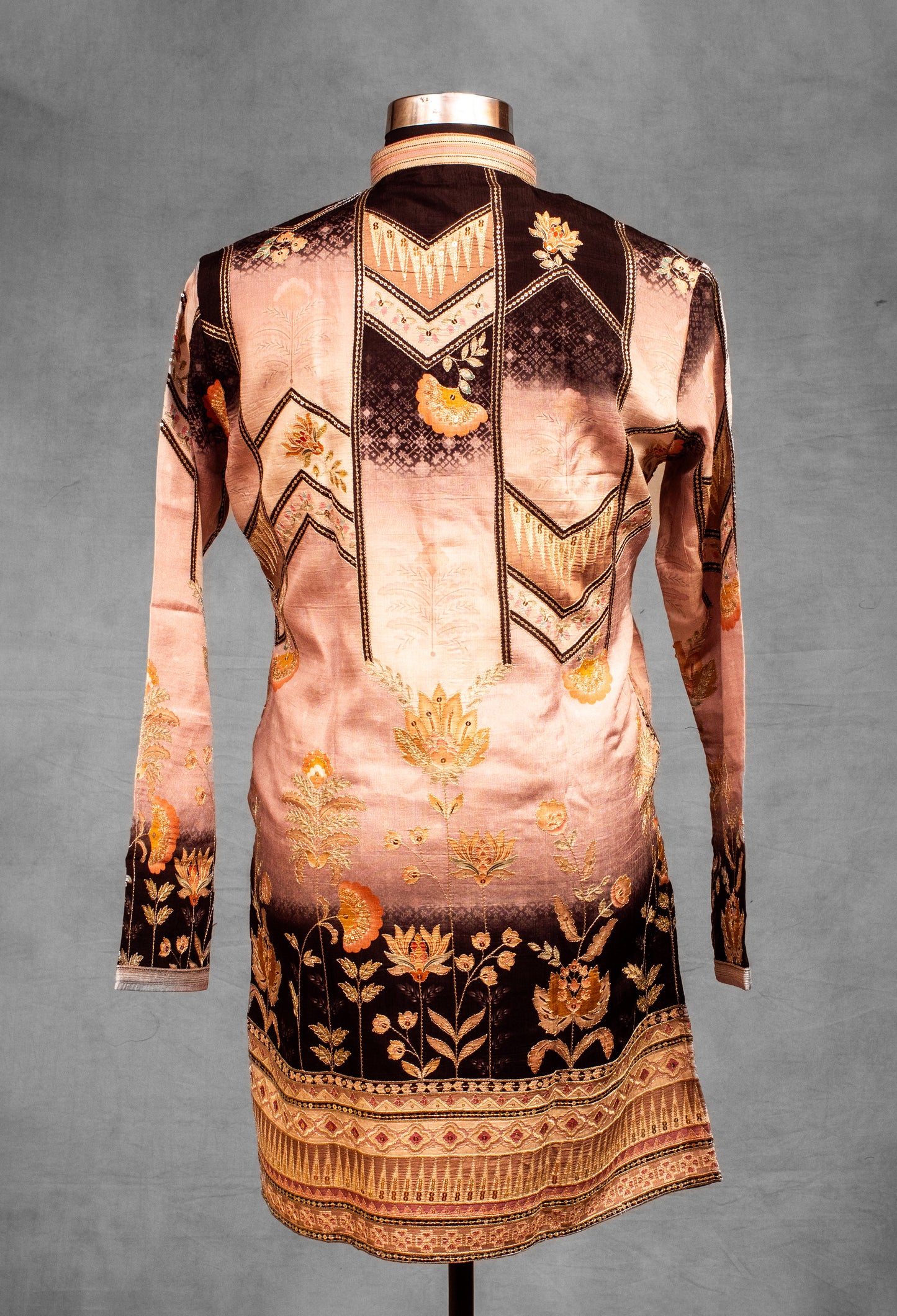Brown and Beige Ombré Floral Silk Kurta for Men