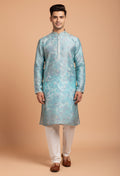 Light Blue Printed Cotton Kurta for Men