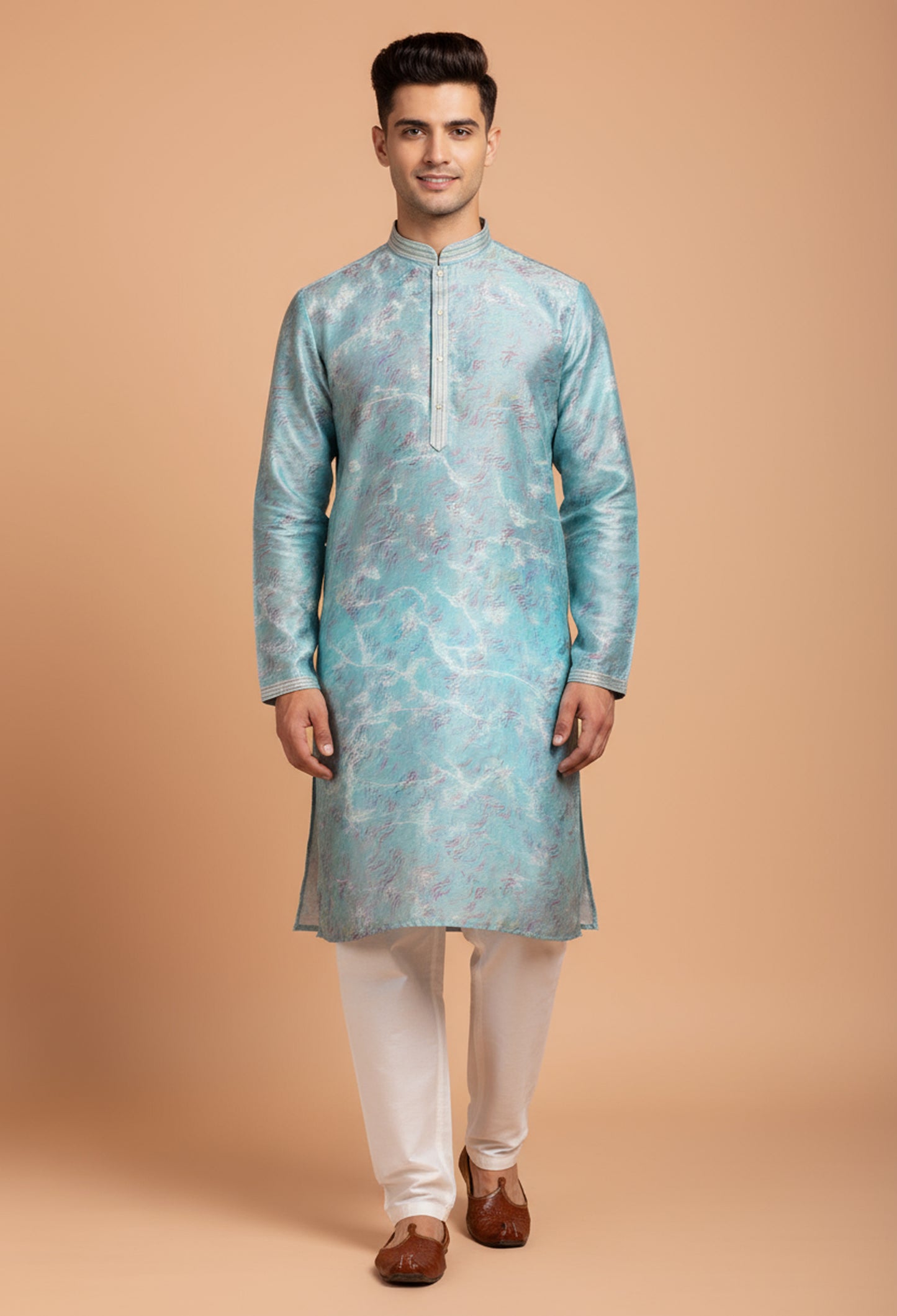 Light Blue Printed Cotton Kurta for Men