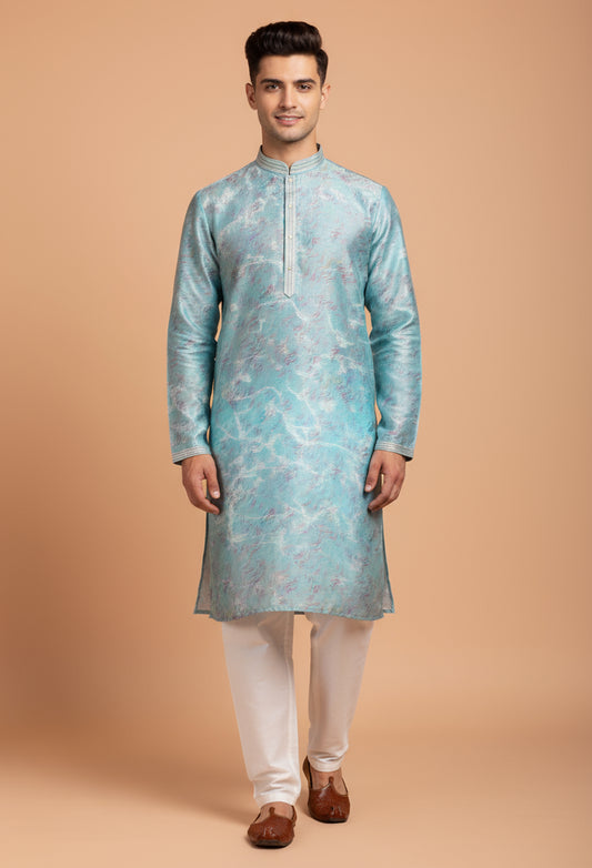 Light Blue Printed Cotton Kurta for Men