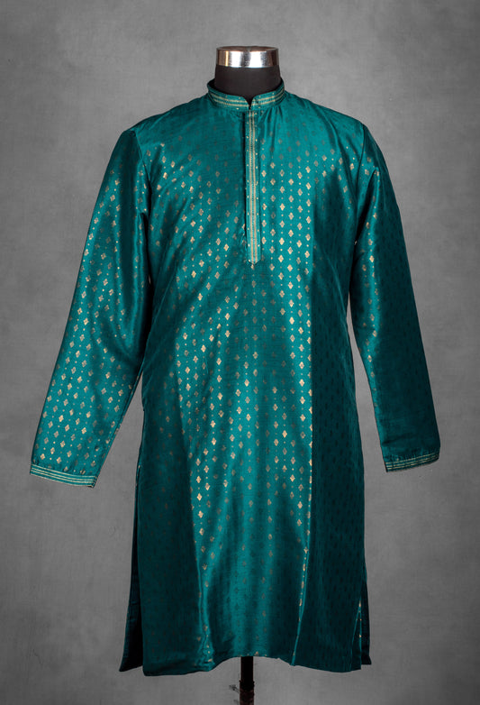 Teal green jacquard silk kurta for men with golden motifs – product image 2