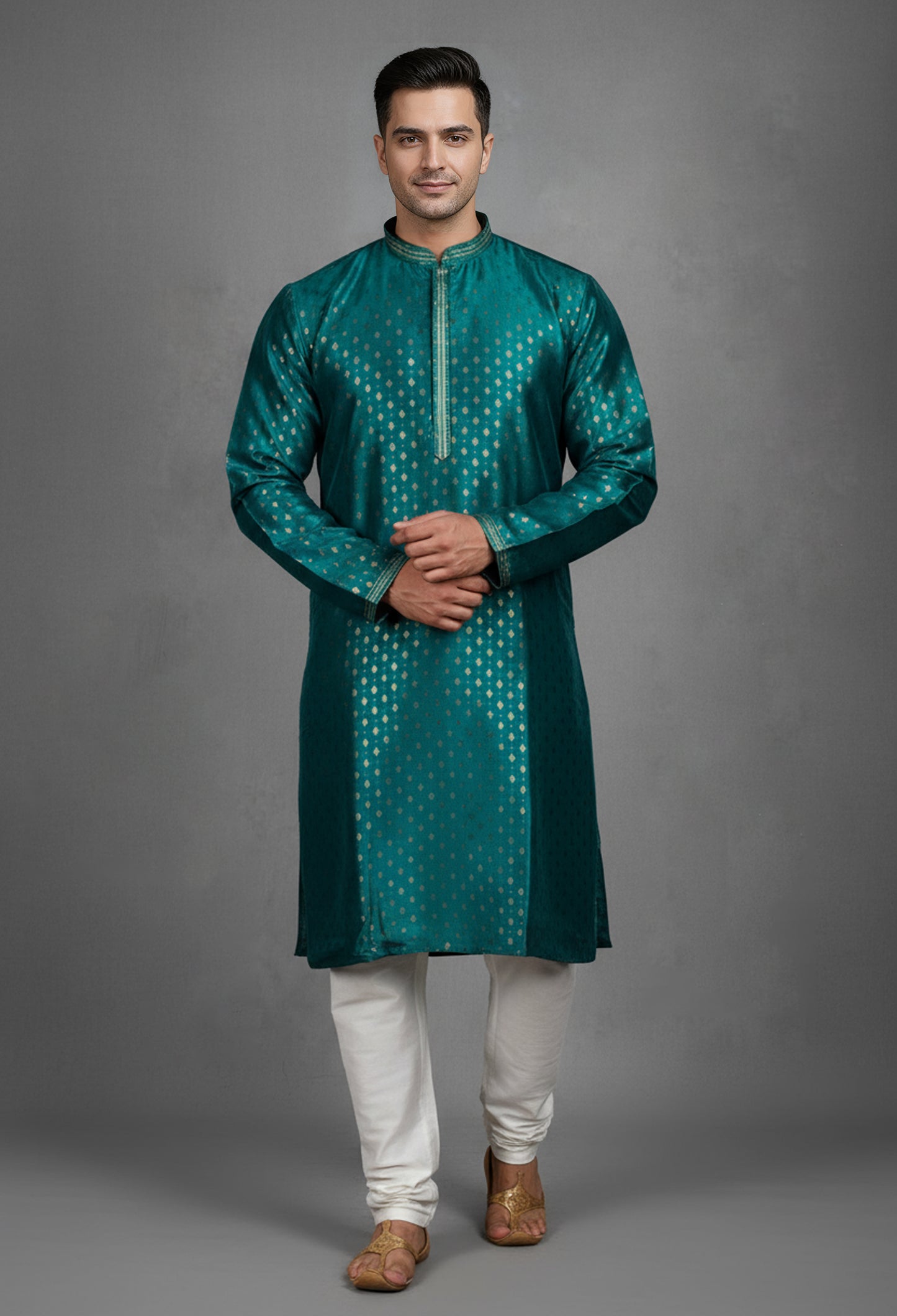 Teal Green Jacquard Silk Kurta for Men