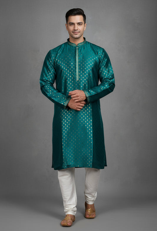 Teal Green Jacquard Silk Kurta for Men