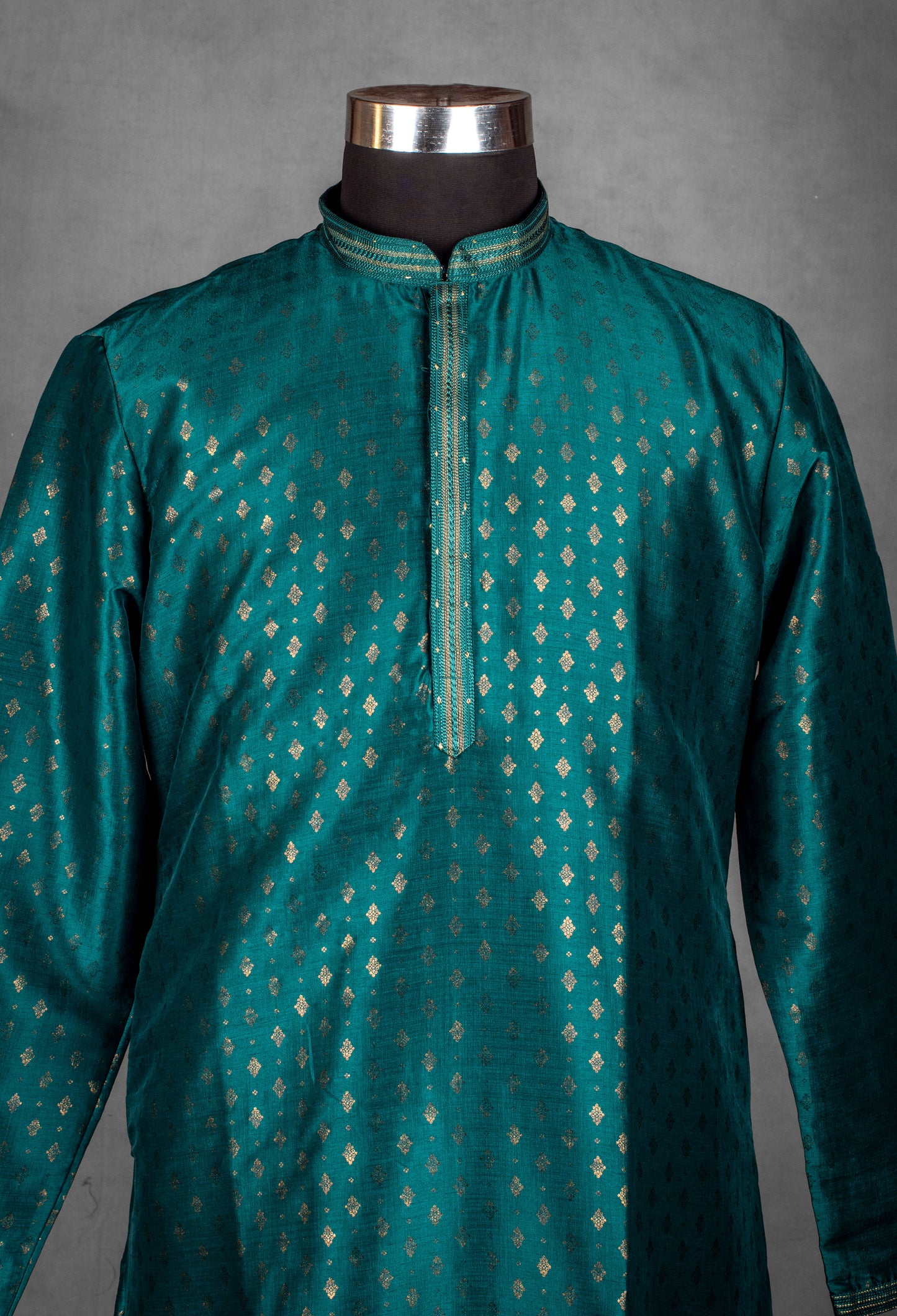 Teal Green Jacquard Silk Kurta for Men