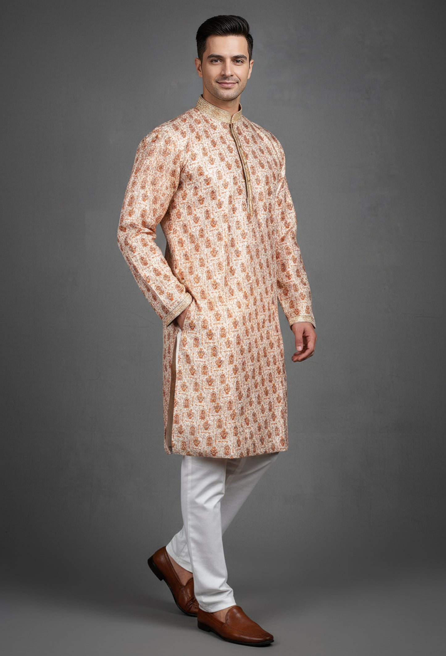 Cream Rust Printed Silk Kurta for Men