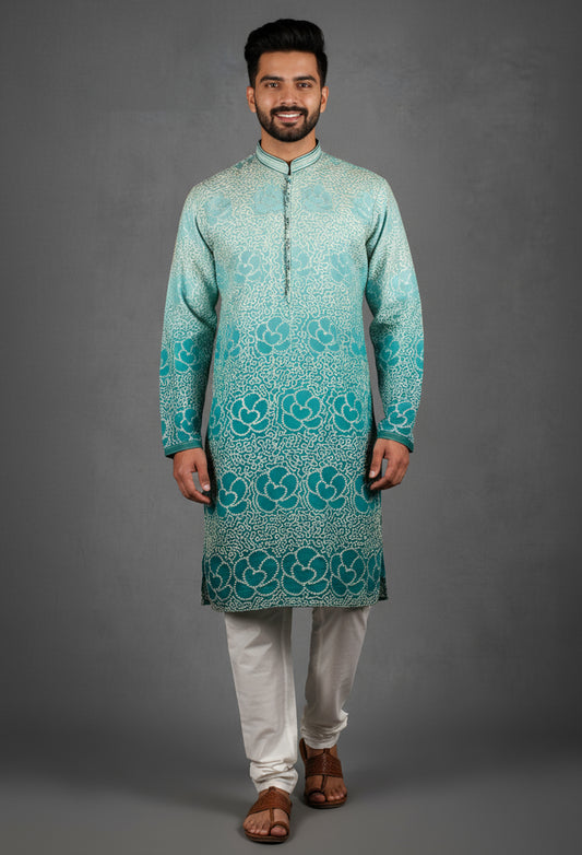 Teal Green Sequin Embroidered Kurta for Men