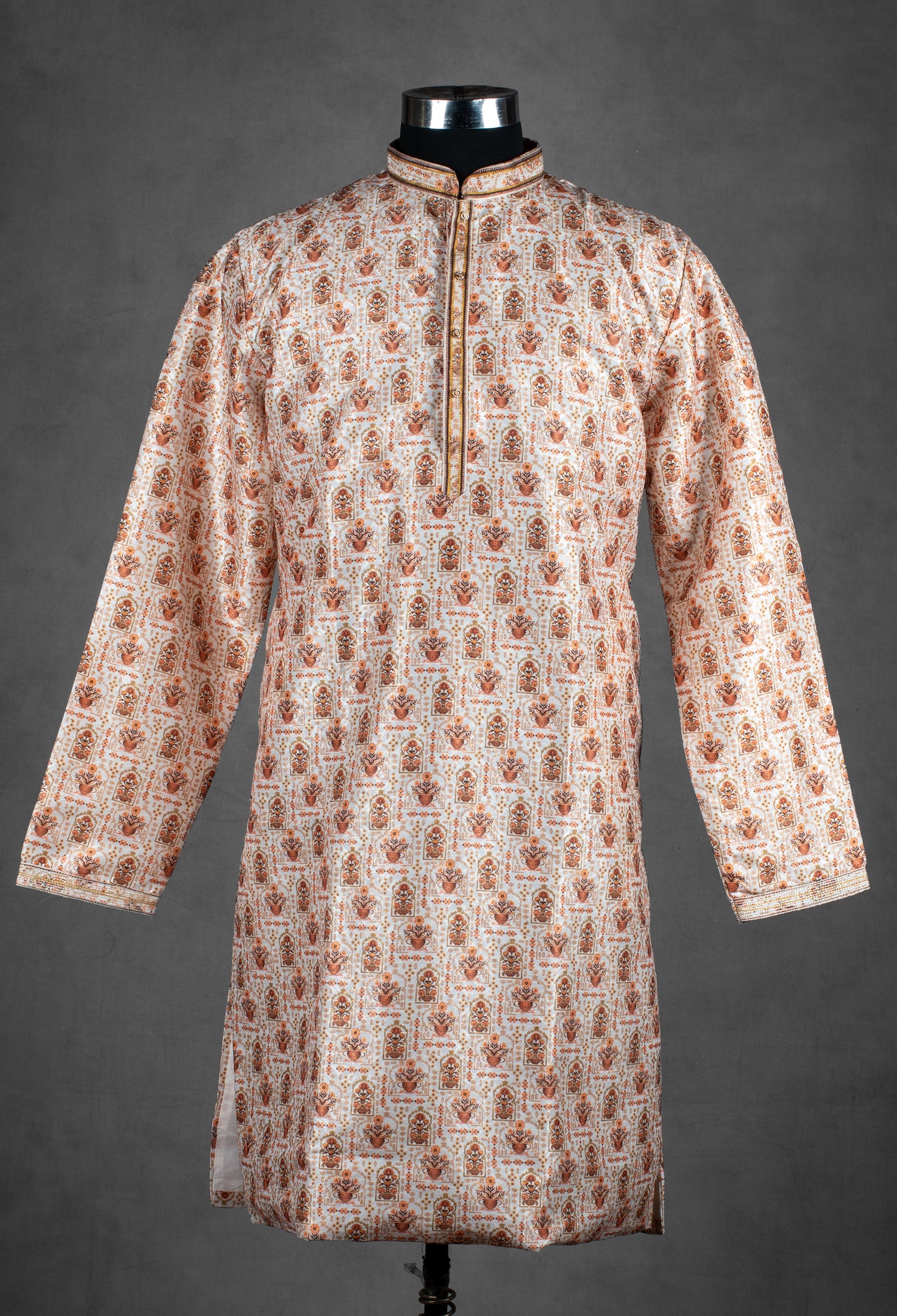 Cream Rust Printed Silk Kurta for Men