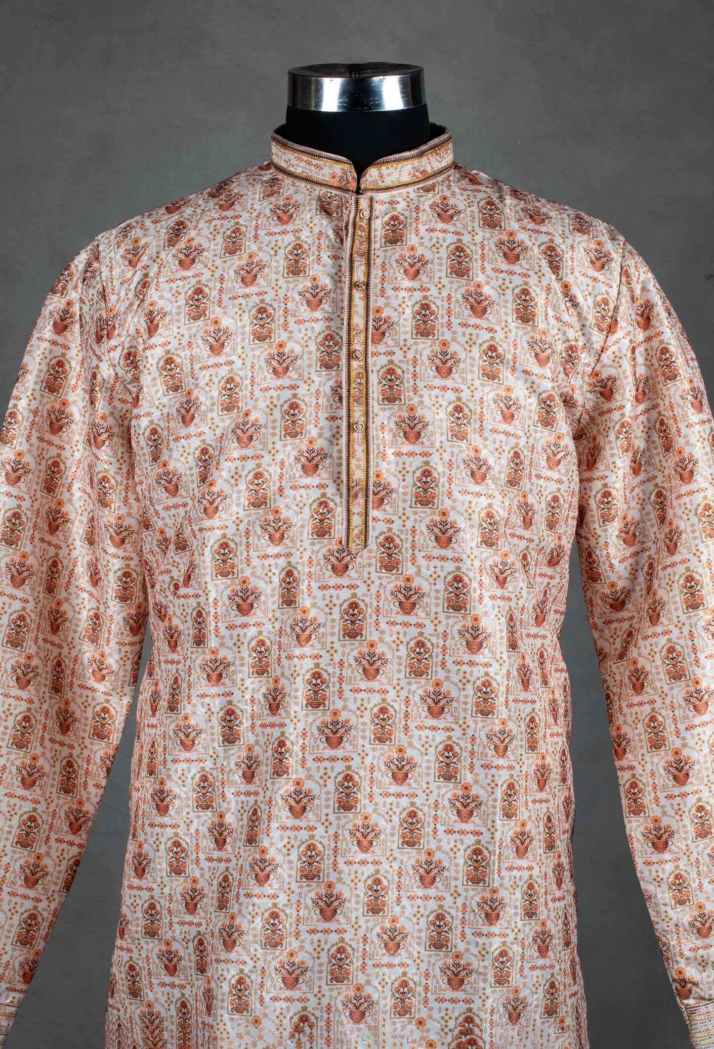 Cream Rust Printed Silk Kurta for Men
