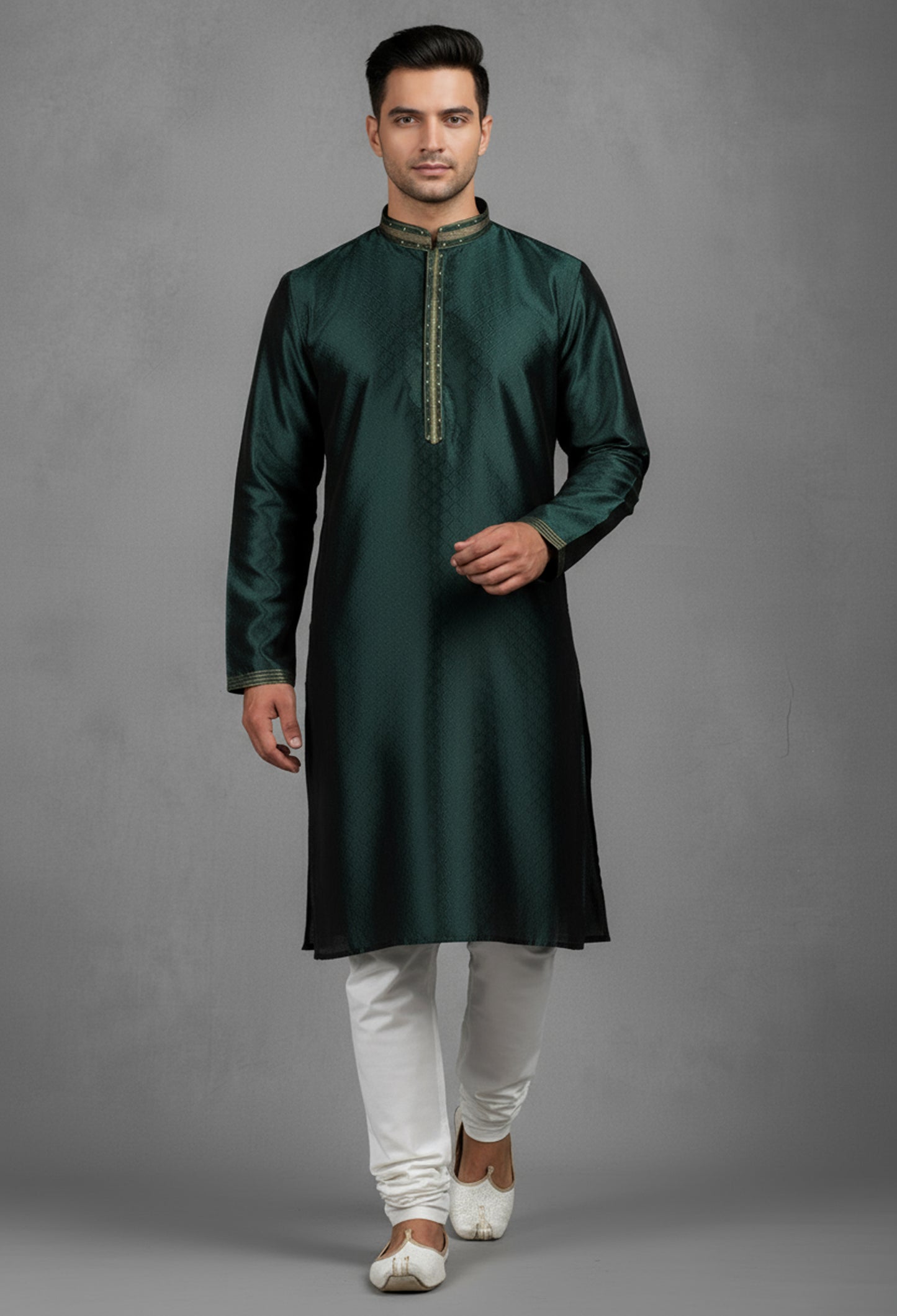 Dark Green Jacquard Silk Kurta for Men
