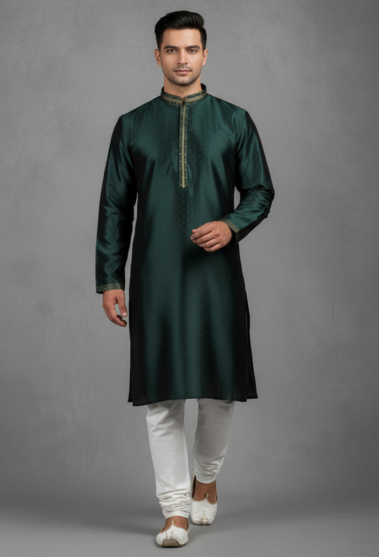 Dark Green Jacquard Silk Kurta for Men