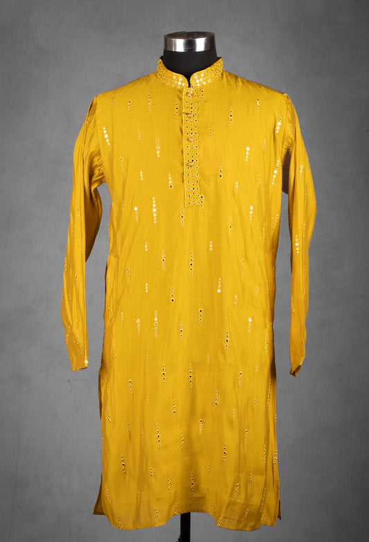 Mustard yellow mirror work kurta for men – product image 2