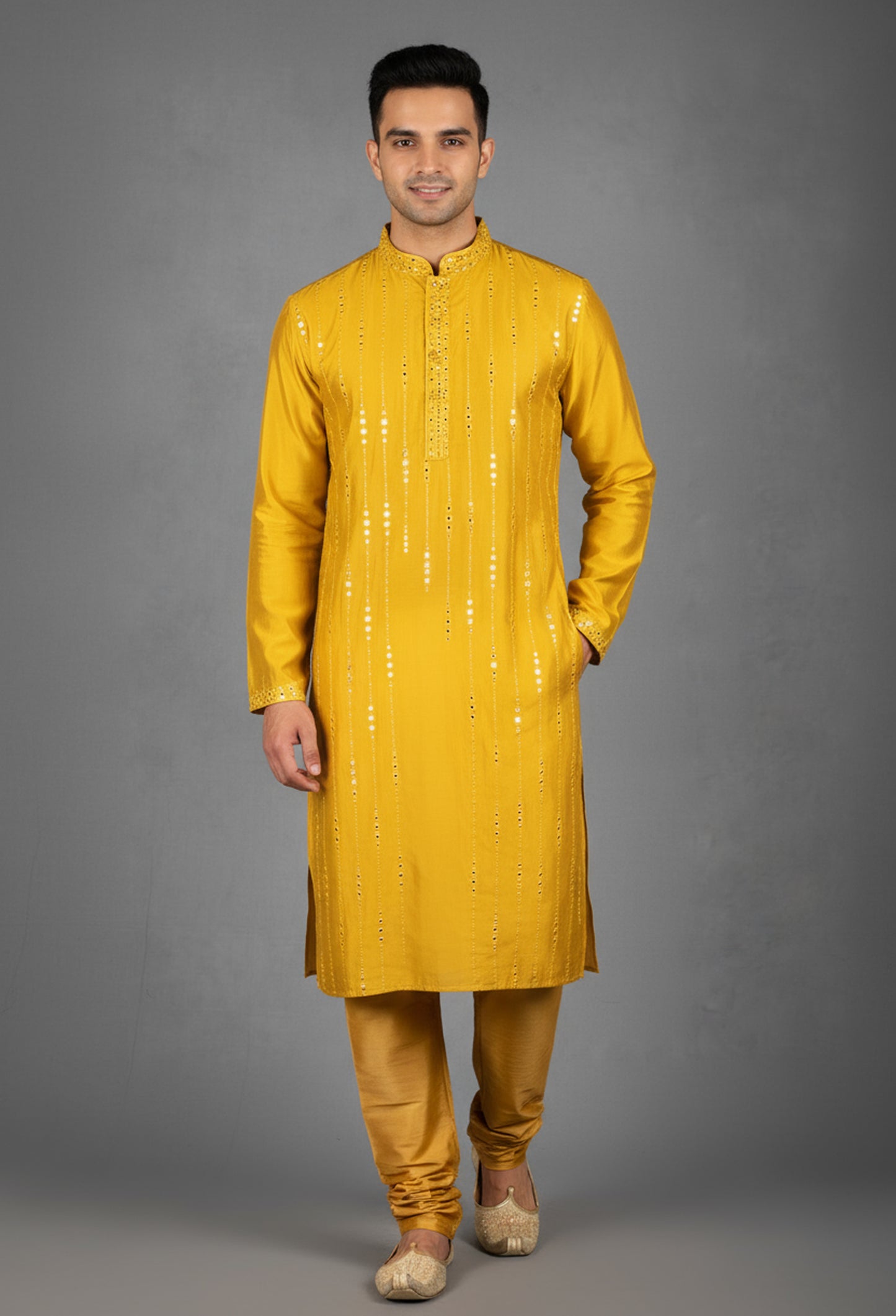 Mustard Yellow Mirror Work Kurta for Men