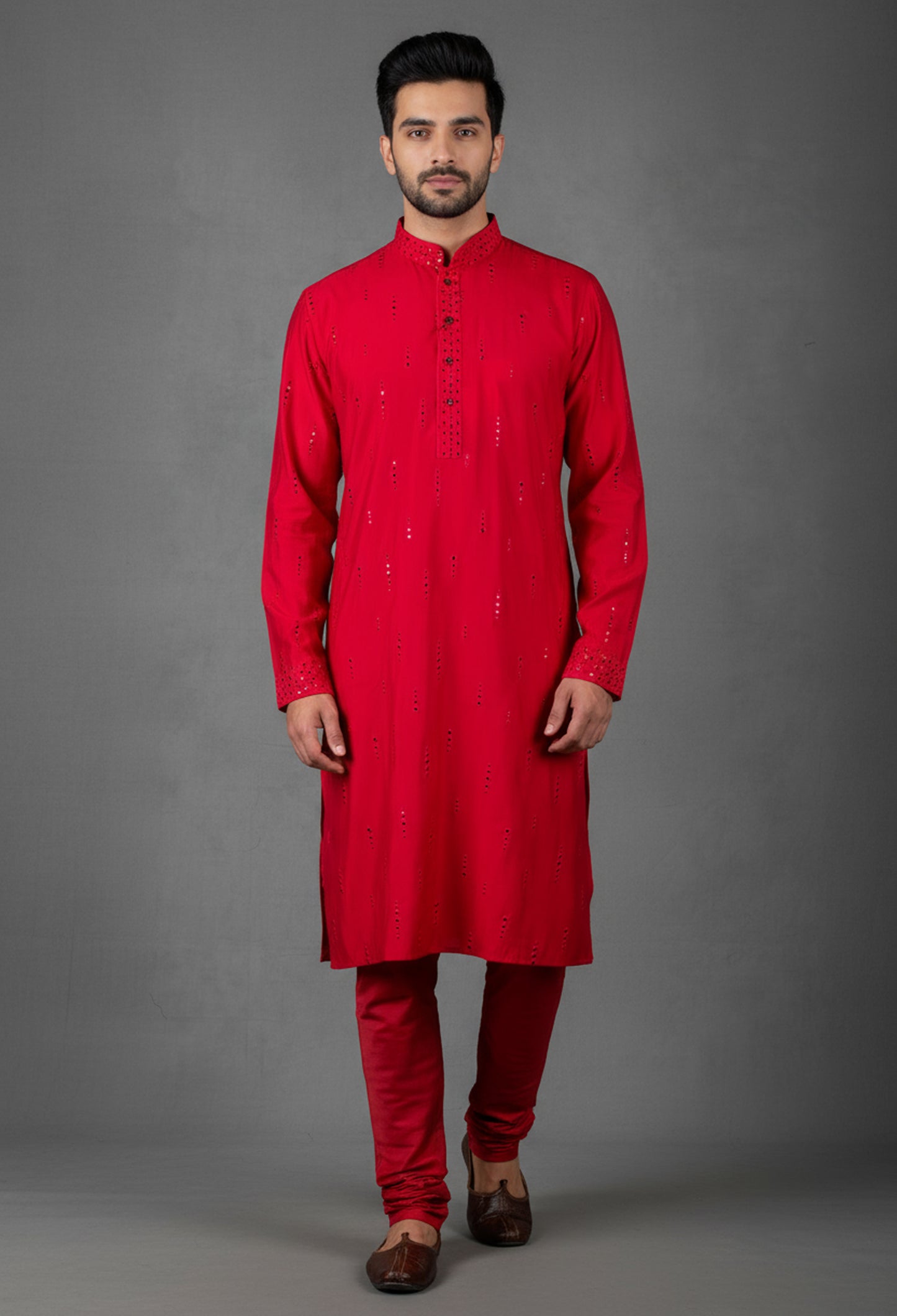 Red Mirror Work Kurta for Men