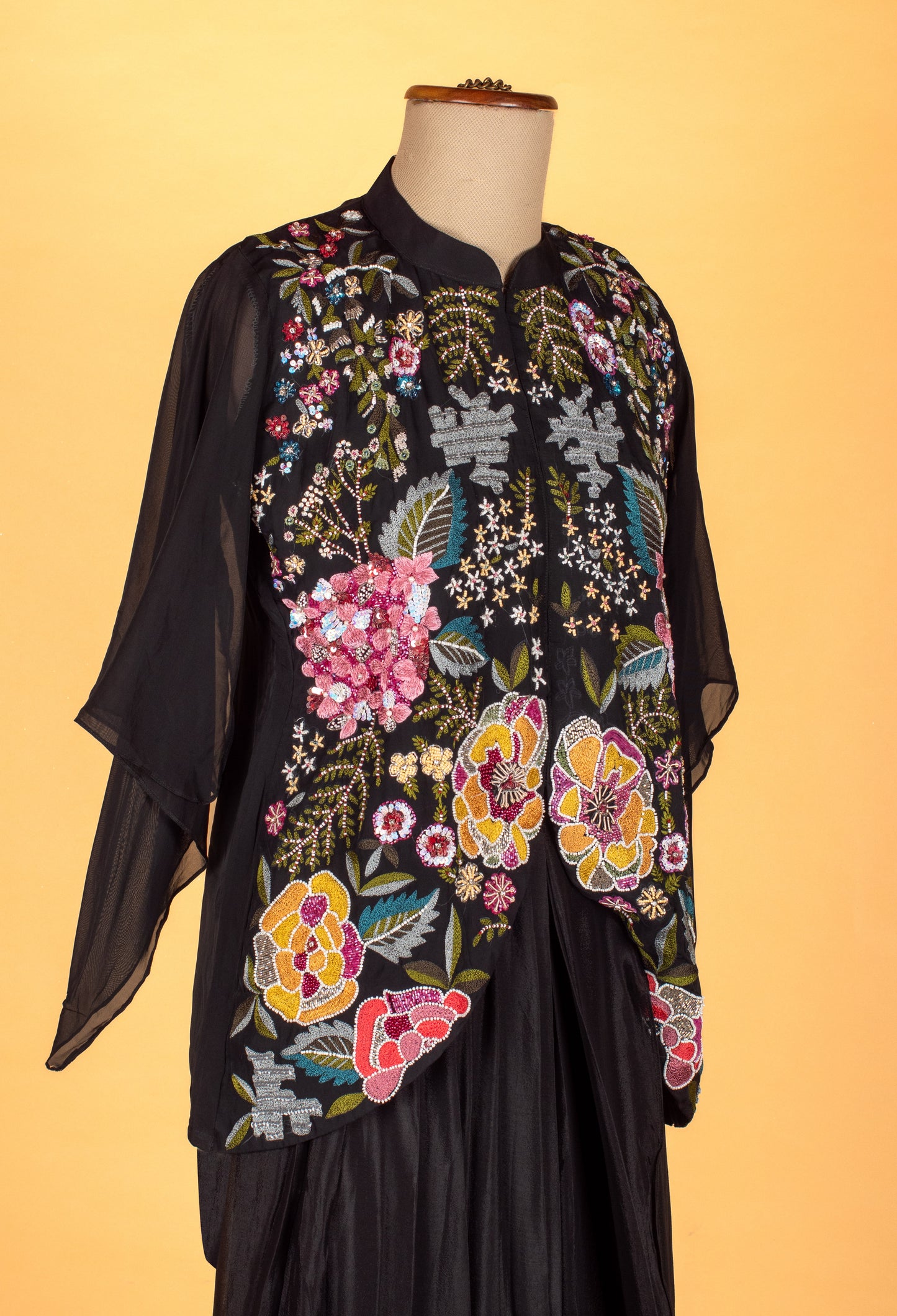 Straight Cut Black Indo Western Gown with Multicolor Embroidered Cape