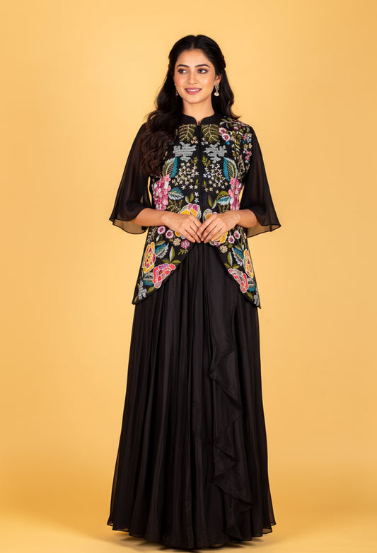 Black Indo-Western gown with multicolor embroidered cape – product image 2