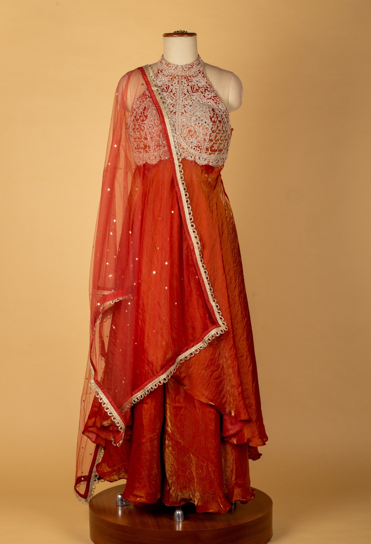 Straight Cut Rust-Orange Indo Western Gown with Heavy Embroidered Bodice and Net Dupatta – Festive / Reception / Sangeet Outfit