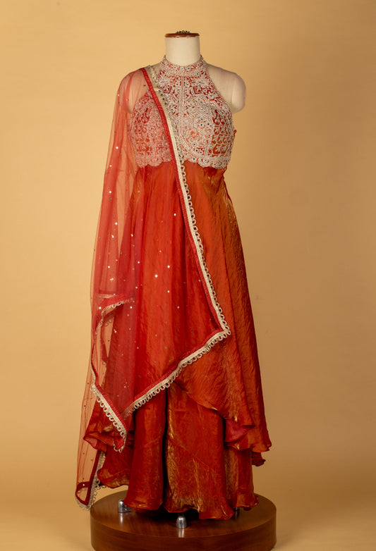 Straight Cut Rust-Orange Indo Western Gown with Heavy Embroidered Bodice and Net Dupatta – Festive / Reception / Sangeet Outfit