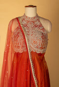 Straight Cut Rust-Orange Indo Western Gown with Heavy Embroidered Bodice and Net Dupatta – Festive / Reception / Sangeet Outfit