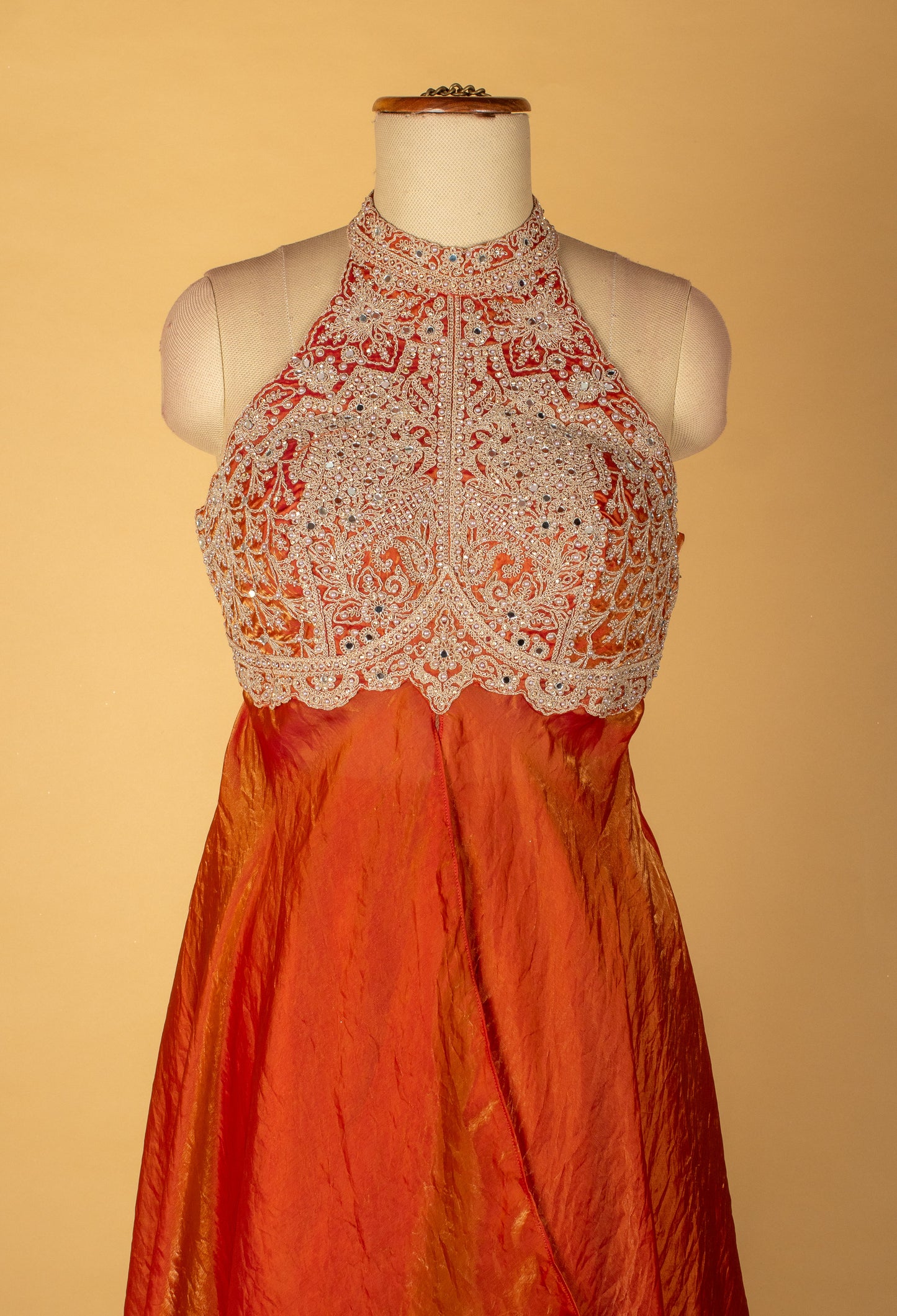 Straight Cut Rust-Orange Indo Western Gown with Heavy Embroidered Bodice and Net Dupatta – Festive / Reception / Sangeet Outfit