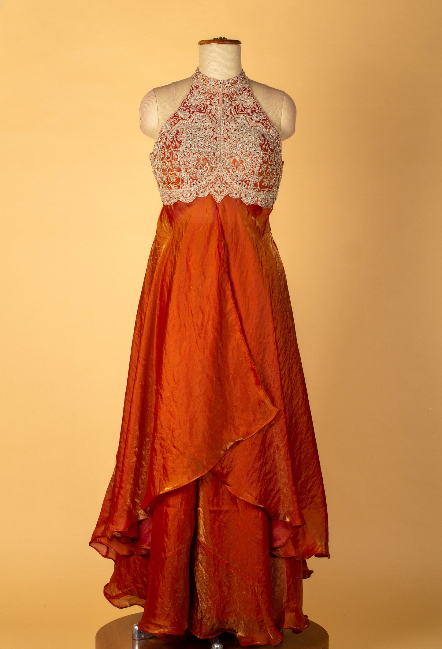 Straight Cut Rust-Orange Indo Western Gown with Heavy Embroidered Bodice and Net Dupatta – Festive / Reception / Sangeet Outfit