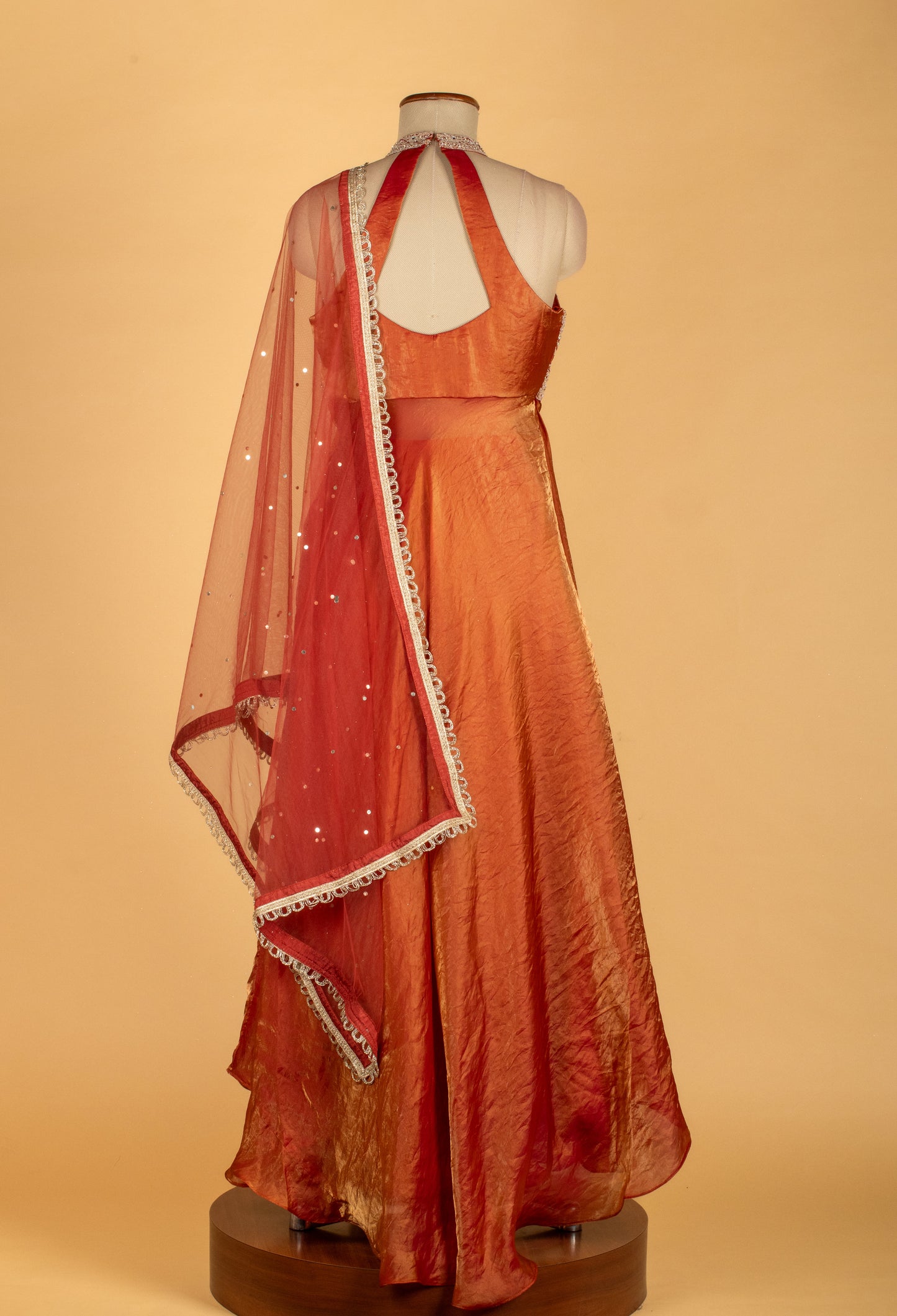 Straight Cut Rust-Orange Indo Western Gown with Heavy Embroidered Bodice and Net Dupatta – Festive / Reception / Sangeet Outfit