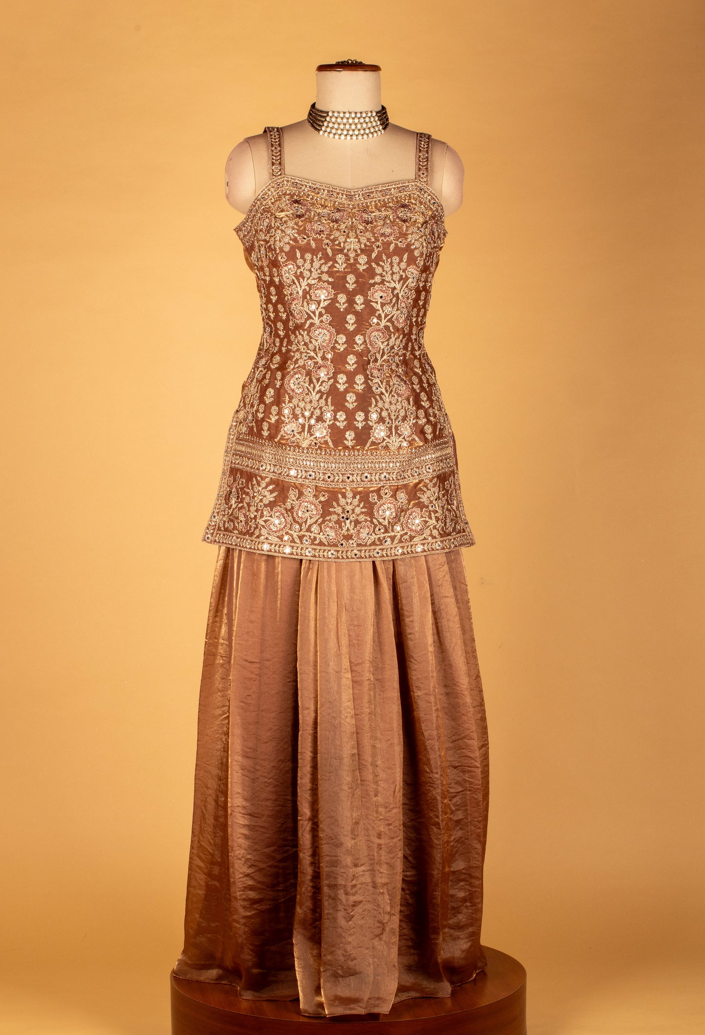 Straight Cut Bronze Embroidered Indo Western Gown with Net Dupatta