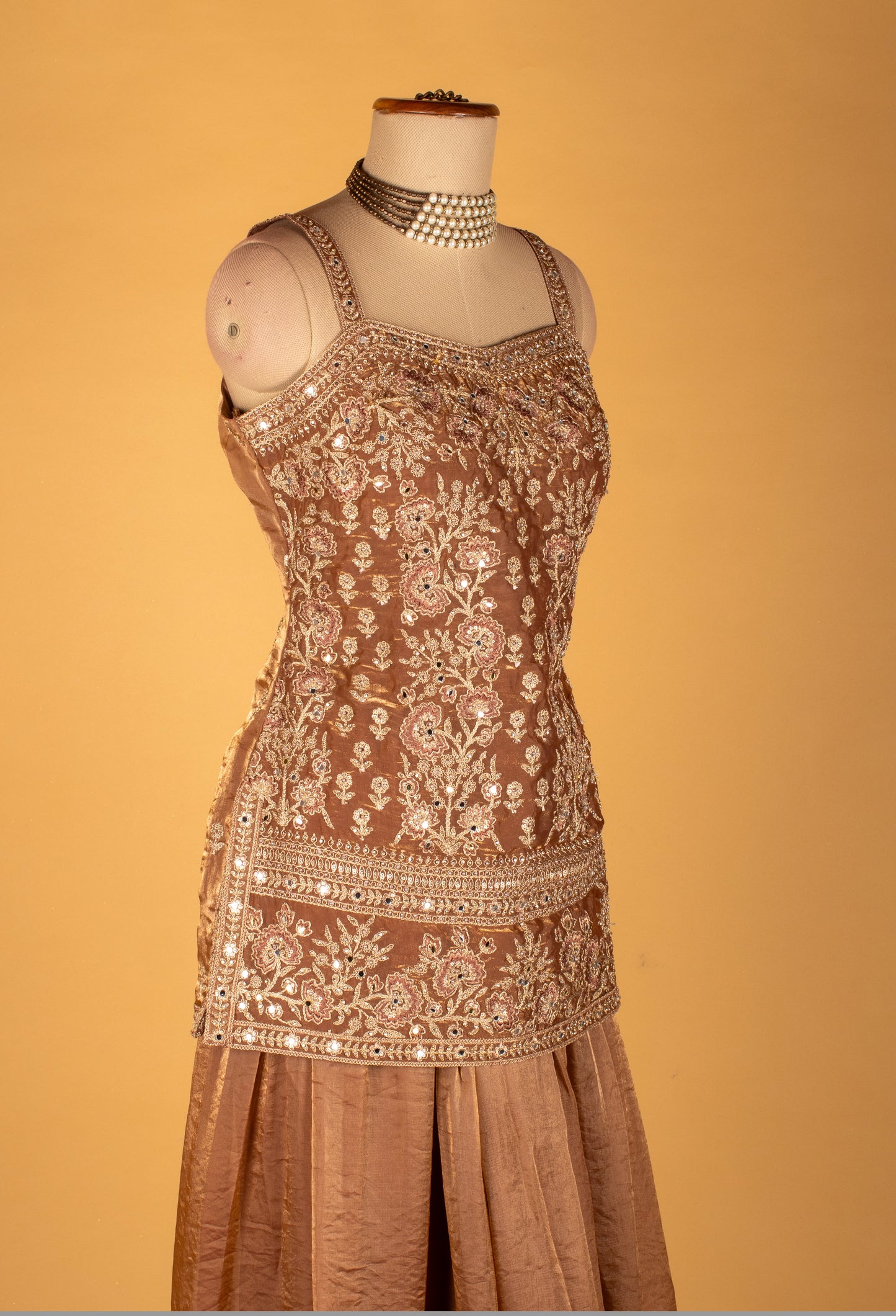 Straight Cut Bronze Embroidered Indo Western Gown with Net Dupatta