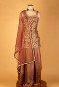 Straight Cut Bronze Embroidered Indo Western Gown with Net Dupatta