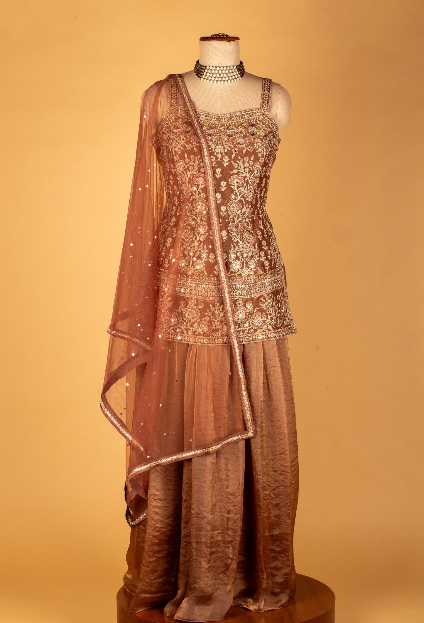 Straight Cut Bronze Embroidered Indo Western Gown with Net Dupatta
