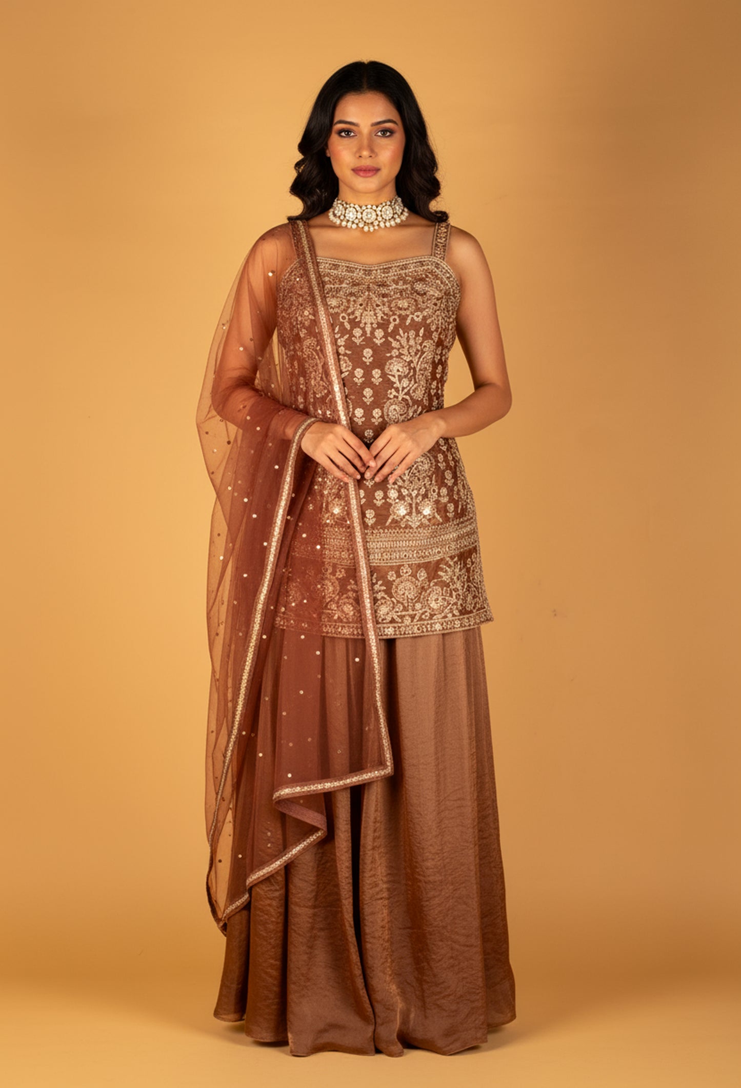 Straight Cut Bronze Embroidered Indo Western Gown with Net Dupatta