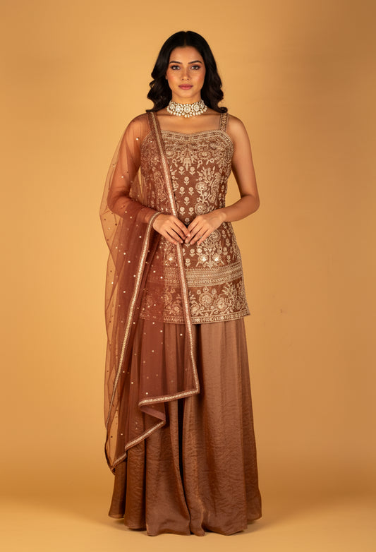 Straight Cut Bronze Embroidered Indo Western Gown with Net Dupatta