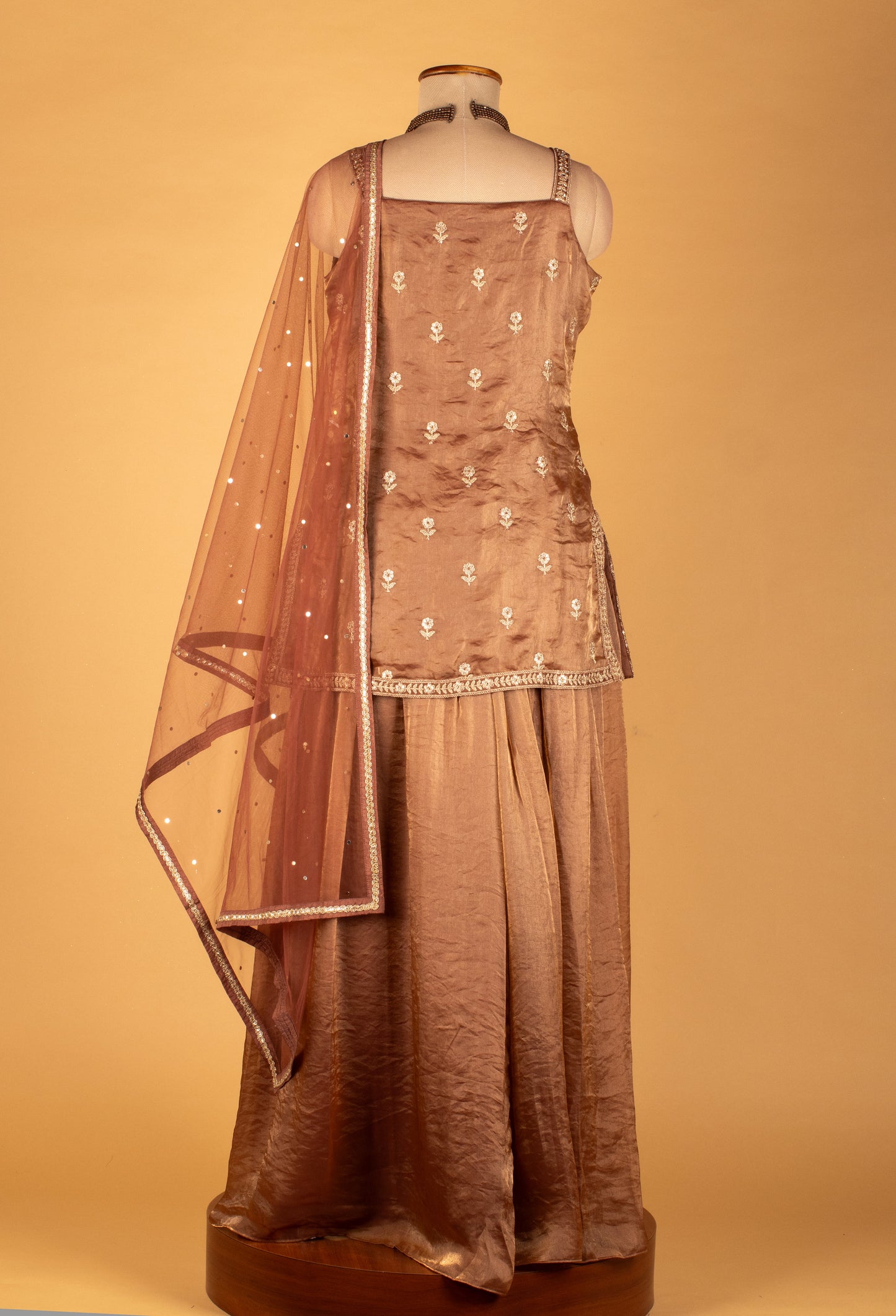 Straight Cut Bronze Embroidered Indo Western Gown with Net Dupatta