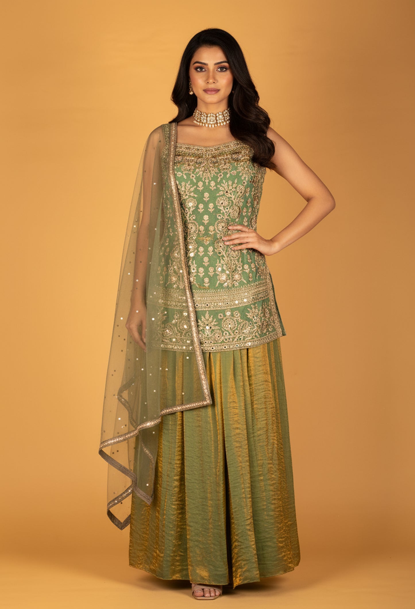 Straight Cut Mint Green Embroidered Indo Western Gown with Net Dupatta