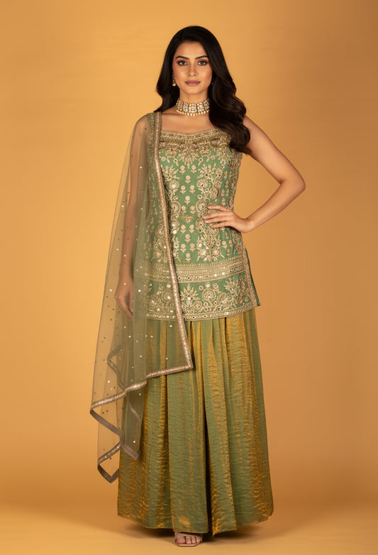 Straight Cut Mint Green Embroidered Indo Western Gown with Net Dupatta