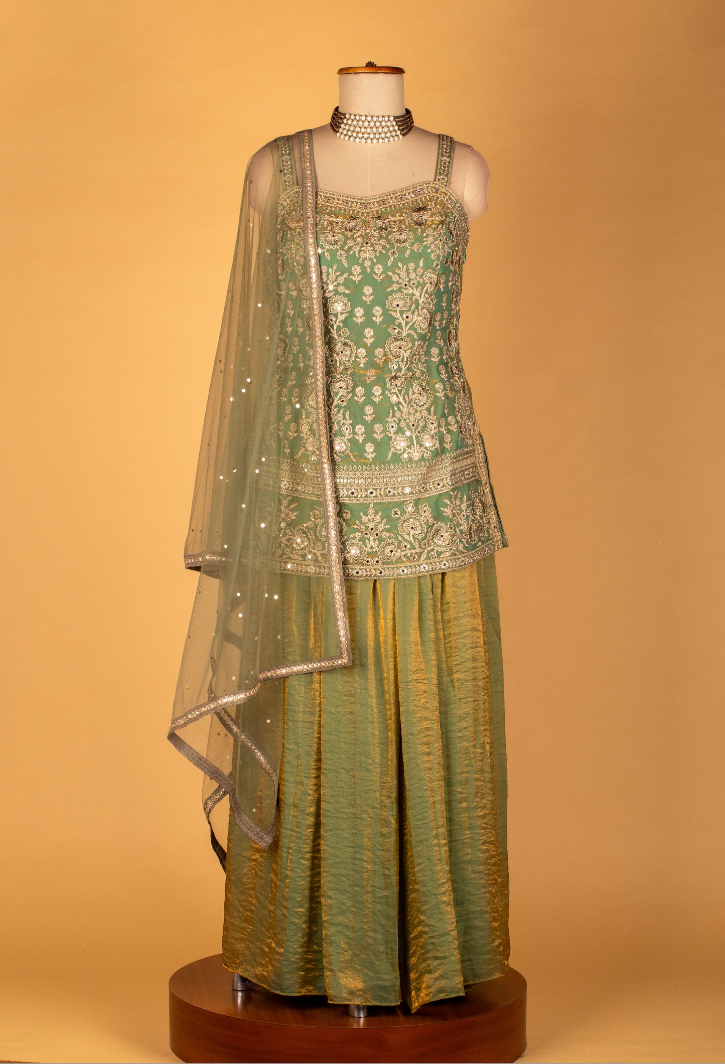 Straight Cut Mint Green Embroidered Indo Western Gown with Net Dupatta