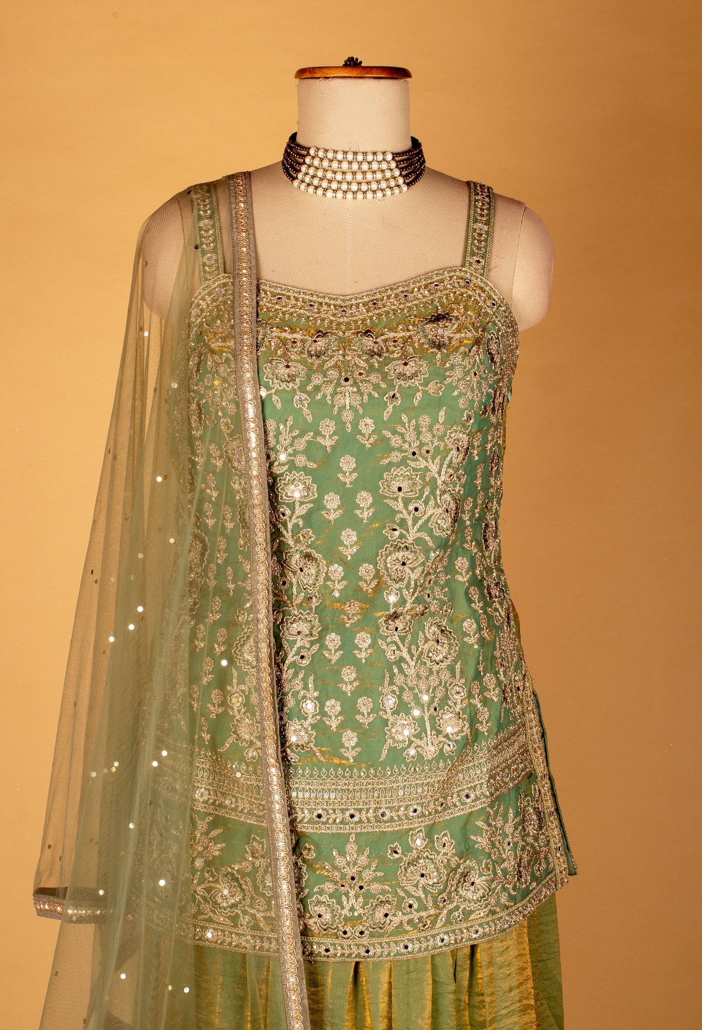 Straight Cut Mint Green Embroidered Indo Western Gown with Net Dupatta