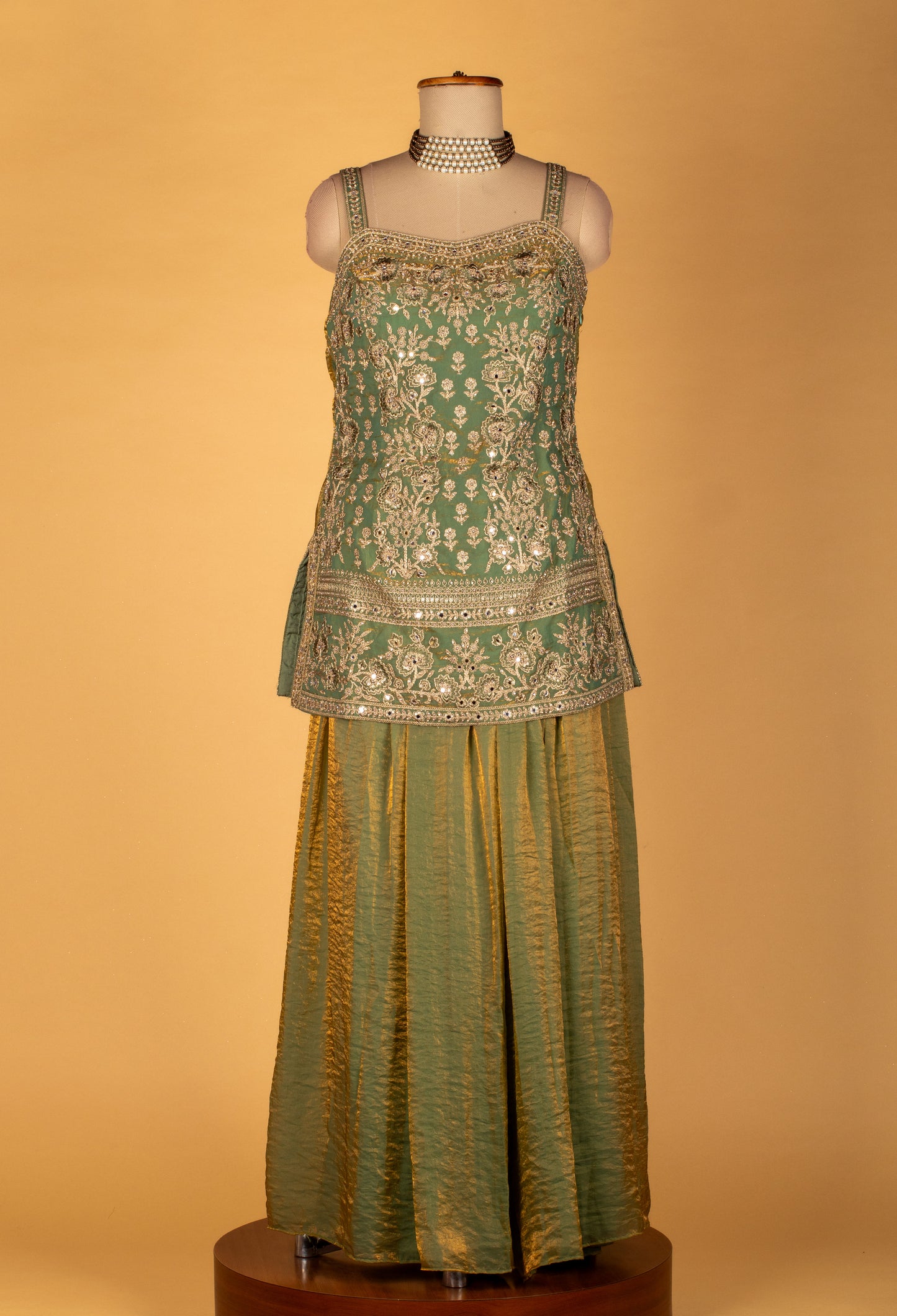 Straight Cut Mint Green Embroidered Indo Western Gown with Net Dupatta