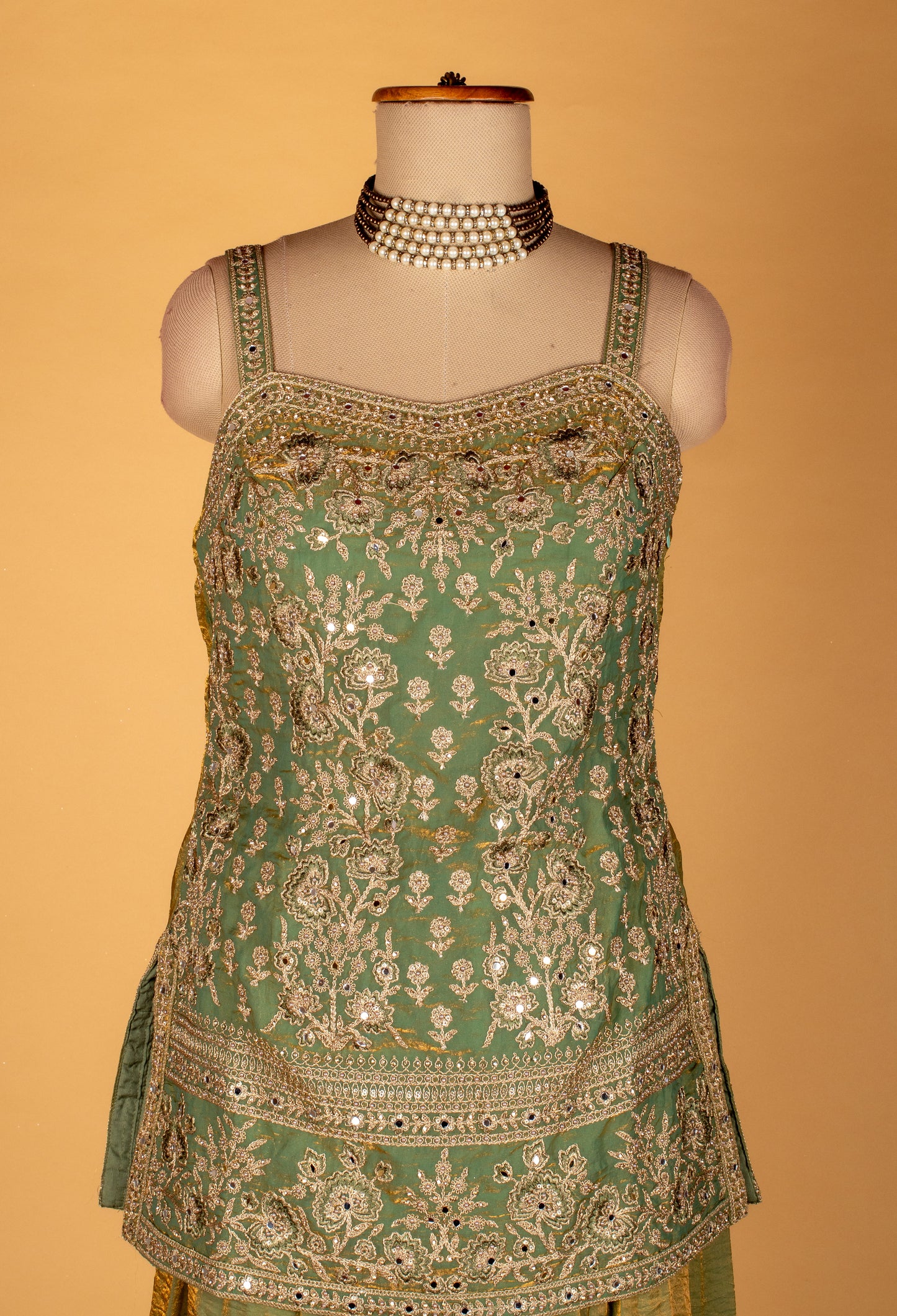 Straight Cut Mint Green Embroidered Indo Western Gown with Net Dupatta