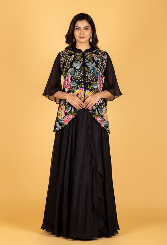Straight Cut Black Indo Western Gown with Multicolor Embroidered Cape