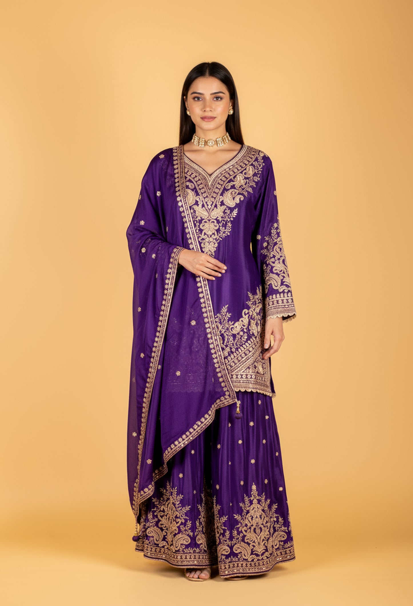 Straight Cut Purple Embroidered Kurta Set with Dupatta