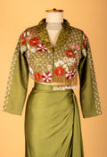 Olive Green Straight-Cut Skirt Set with Embroidered Jacket Blouse