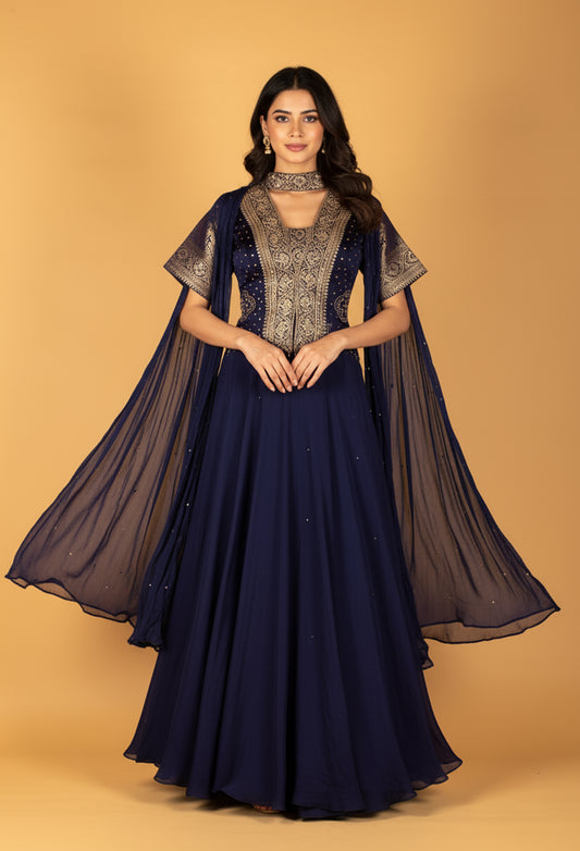 Straight Cut Navy Blue Indo Western Gown with Embroidered Jacket-Style Bodice