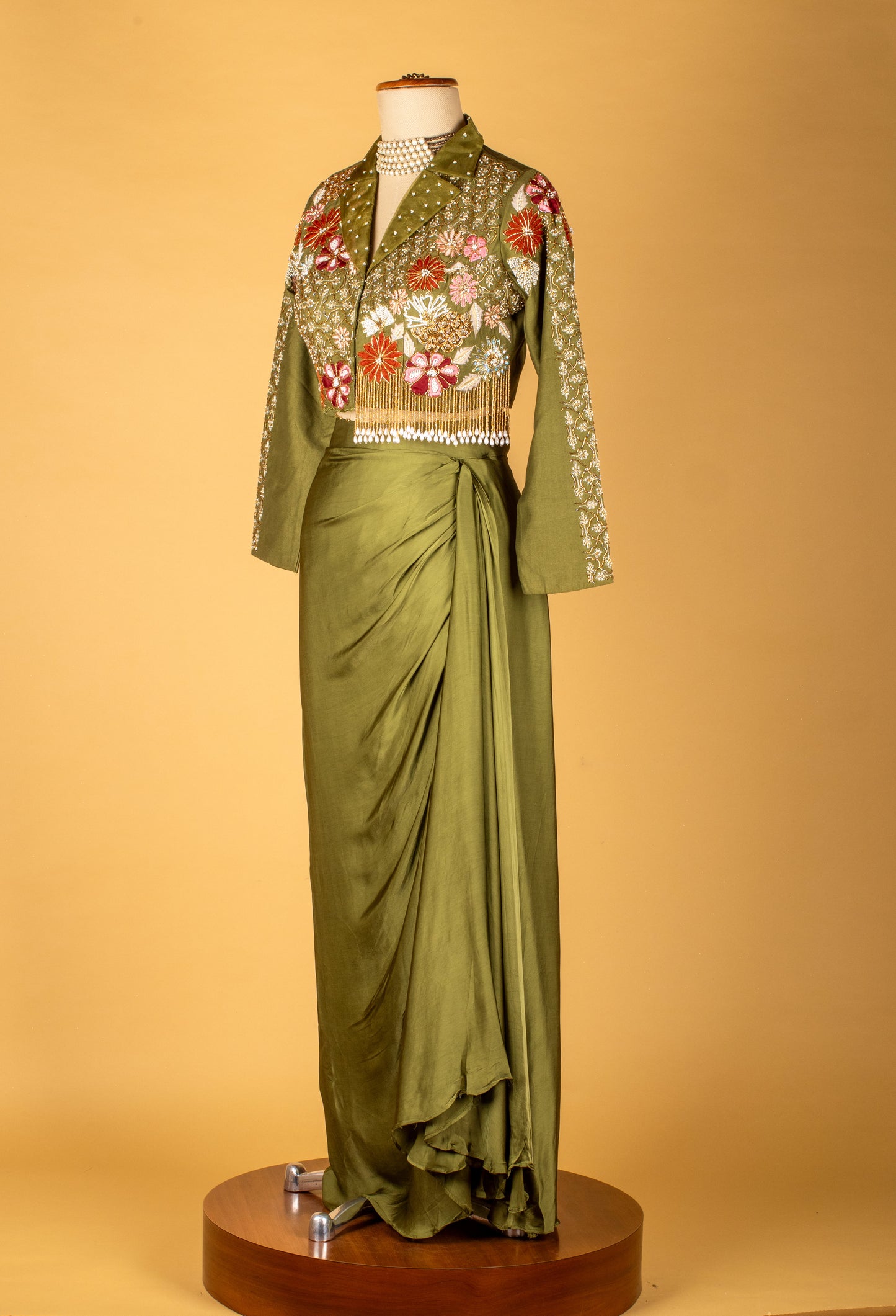 Olive Green Straight-Cut Skirt Set with Embroidered Jacket Blouse